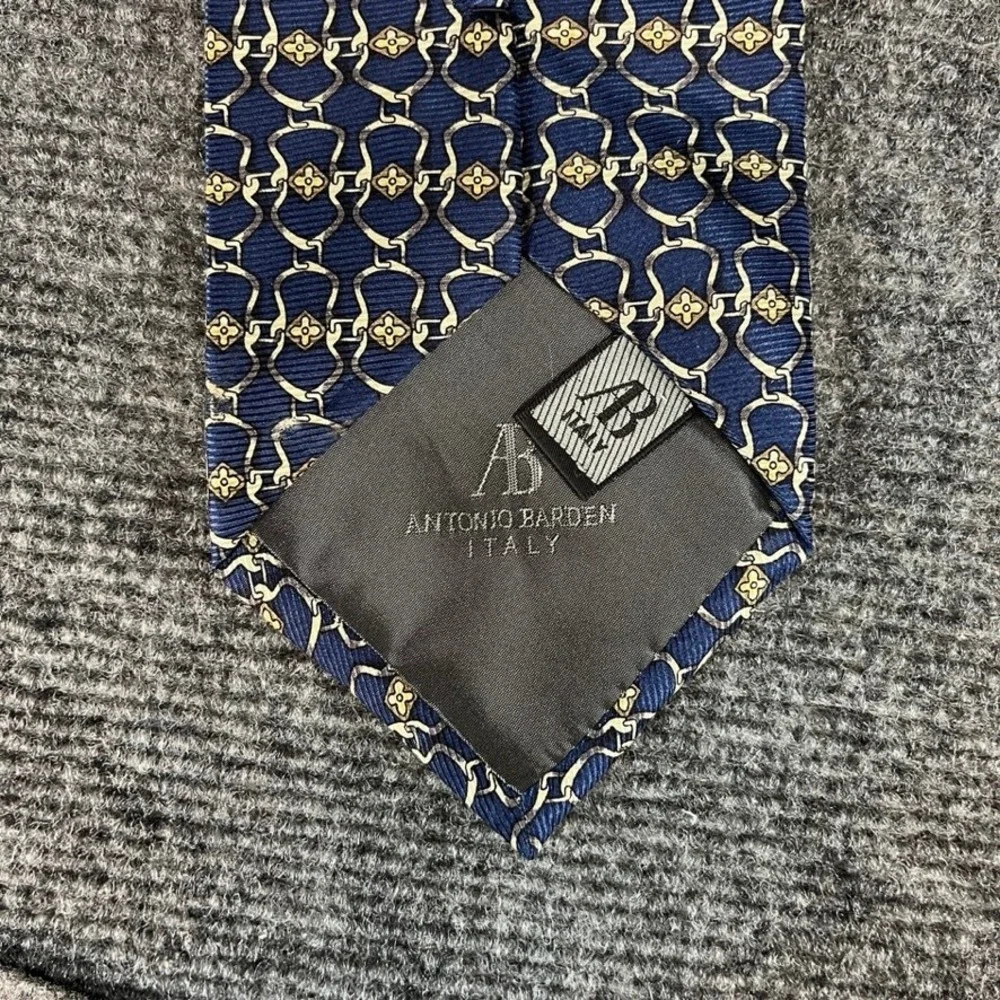 Antonio Baldan Italy Mens Silk Necktie Navy Blue Gold Geometric Chain Floral Tie